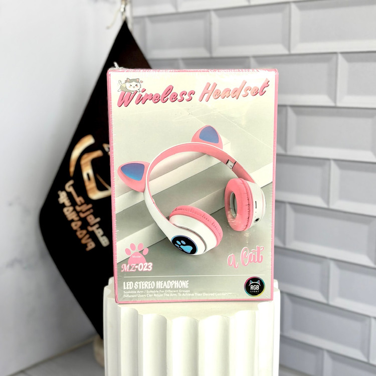 هدفون بلوتوثی گربهای MZ-023 رنگ صورتی سفید مناسب کودکان