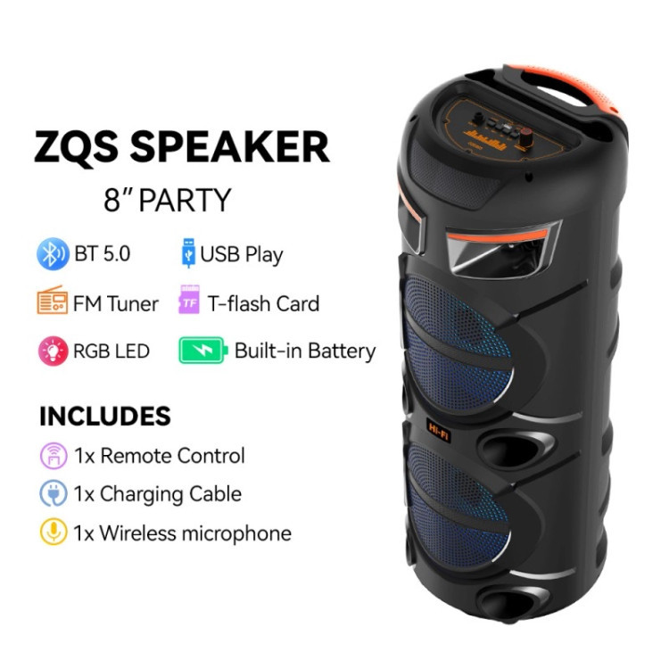 اسپیکر بلوتوثی قابل حمل Sing-e مدل ZQS2803 دارای دو ساب 8 اینچی با میکروفون بیسیم و کنترل