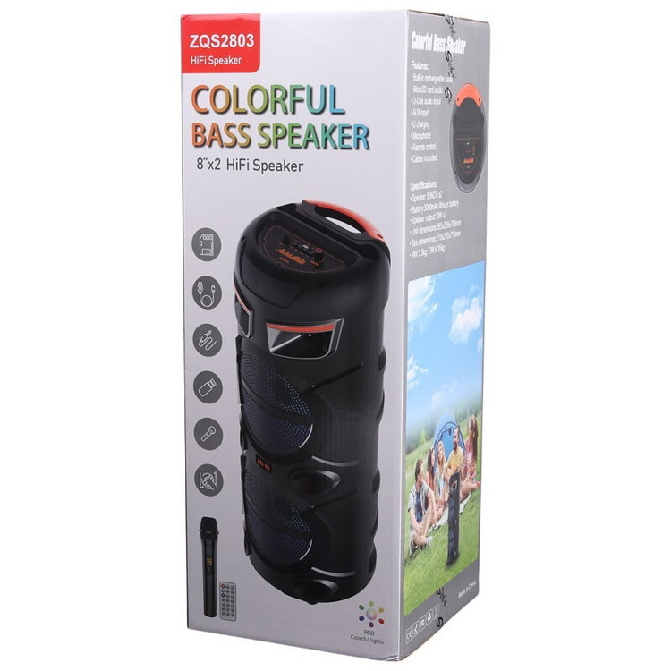 اسپیکر بلوتوثی قابل حمل Sing-e مدل ZQS2803 دارای دو ساب 8 اینچی با میکروفون بیسیم و کنترل